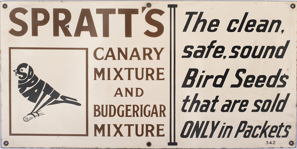 Advertising enamel sign SPRATT'S CANARY MIXTURE AND BUDGERIGAR MIXTURE THE CLEAN, SAFE, SOUND BIRD