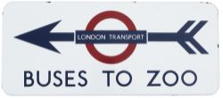 London Transport FF enamel direction sign LONDON TRANSPORT BUSES TO ZOO with left facing arrow. In
