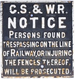 Great Southern & Western Railway Ireland cast iron small TRESPASS sign. In as removed condition