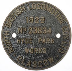Worksplate NORTH BRITISH LOCOMOTIVE COY LTD HYDE PARK WORKS GLASGOW No 23834 1929 ex GWR Collett 0-