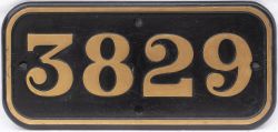 GWR cast iron cabside numberplate 3829 ex Churchward 2-8-0 built at Swindon in 1940. Allocated to