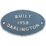 Worksplate BUILT 1958 DARLINGTON ex British Railways Diesel Class 08 0-6-0 in the number range