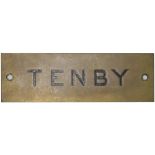 GWR hand engraved brass shelf plate TENBY. In good condition with original black wax infill.