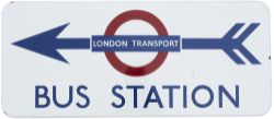London Transport FF enamel direction sign LONDON TRANSPORT BUS STATION with left facing arrow. In