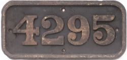 GWR cast iron cabside numberplate 4295 ex Churchward 2-8-0 T built at Swindon in 1921. Allocated