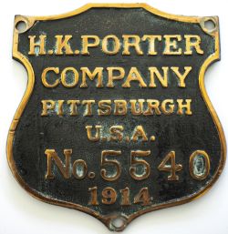 Worksplate H.K. PORTER COMPANY PITTSBURGH U.S.A. No 5540 1914. Ex Ex Argent Lumber 2-6-0 numbered 1.