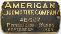 Worksplate AMERICAN LOCOMOTIVE COMPANY 46507 PITTSBURG WORKS SEPTEMBER 1909. Ex Western Pacific