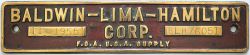 Worksplate BALDWIN – LIMA – HAMILTON CORP. F.O.A. U.S.A. SUPPLY 11-1955 BLH 76051 Ex Government of