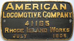 Worksplate AMERICAN LOCOMOTIVE COMPANY 41165 RHODE ISLAND WORKS JULY 1906. Ex Wabash Railroad B7 0-