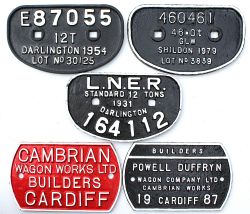 Wagon Plates, quantity 5 comprising: D type LNER Standard 12Tons 1931 Darlington No 164112; 460461