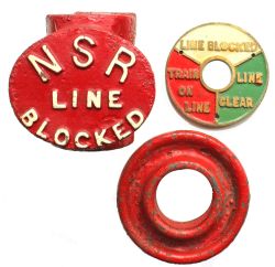 North Staffs Railway cast iron Signal Box Lever Collar embossed NSR LINE BLOCKED. Together with a