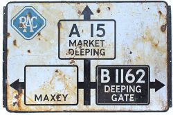 RAC Enamel Road Sign, triple destination type showing A15 MARKET DEEPING; B1162 DEEPING GATE; MAXEY.