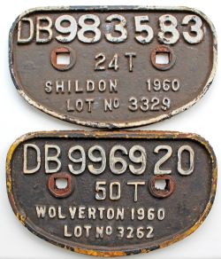 D-type Wagon Plates, quantity 2 comprising: DB983583 24T SHILDON 1960 Lot No 3329 and DB996920 50T