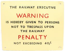 The Railway Executive alloy sign, Warning Not To Trespass, Penalty Not Exceeding 40/-. Measures 15in