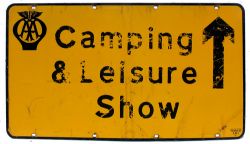 AA enamel Roadsign with painted face showing Camping & Leisure Show with up facing (ahead) arrow.