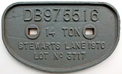 Wagonplate DB975516 14 TON STEWARTS LANE 1970 LOT No 3717, ex Marlin continuous weld rail carrier