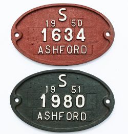 Southern Railway Ashford Wagonplates, qty 2: number 1634 dated 1950; 1980 dated 1951. Both restored.