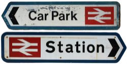 A pair of modern image Station Direction signs comprising: Car Park with double arrow logo measuring