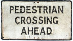 Roadsign PEDESTRIAN CROSSING AHEAD with some glass beads missing. Cast aluminium, 30in x 17in.
