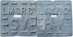 L&YR Co cast iron Stop Tap Cover embossed with company initials and HV, together with a similar LMSR