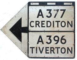 Road Sign A377 CREDITON at the top and A396 TIVERTON at the bottom and left facing arrow. Alloy in a