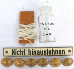 Miscellany comprising: 6 GWR Senior Staff Buttons; a small length of GWR Twine; a GWR silverplate