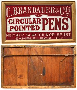 Advertising Milk Glass shop sign Brandauer & Cos Circular Pointed Pens - Neither Scratch Nor Spurt -