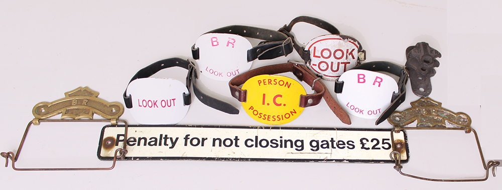 Quantity 5 enamel Armbands, all with straps, four of which are Look-Out, the other Person I.C.