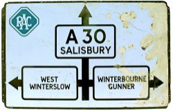 RAC Enamel Road Sign, triple destination type showing A30 SALISBURY; WEST WINTERSLOW; WINTERBOURNE