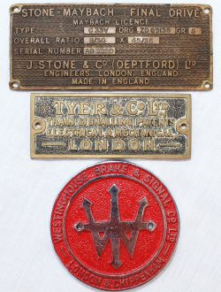 A trio of interesting small, brass plates comprising: Stone Maybach C33V plate; a Tyer & Co Train
