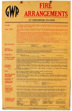 GWR thick card Notice FIRE ARRANGEMENTS AT KINGSWEAR STATION with GWR roundel logo top left, Date