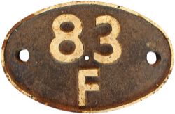 Cast iron Shedplate 83F Truro until 1963 then Barnstaple Junction, unfortunately centre drilled by a