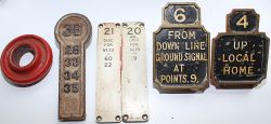 Signalbox Lever Plates, quantity 5 comprising: a pair of brass L&SWR - 4 UP LOCAL HOME and 6 FROM