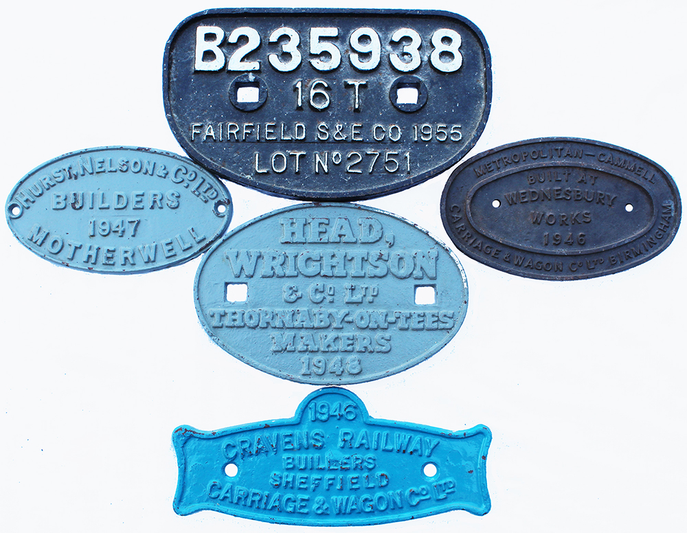 A miscellany of Wagon Plates, quantity 5 comprising: 1946 Cravens Railway Builders Sheffield