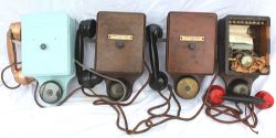 Signal Box Telephones, quantity 4. All standard, wood cased with side hook handset. Two are