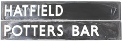 LNER or possibly GNR glass Indicator Panels, quantity 2 comprising: HATFIELD measuring 21.5in x 3.