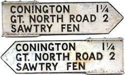 Road Sign showing CONINGTON, GT NORTH ROAD, SAWTRY FEN. Cast Aluminium, double sided made by