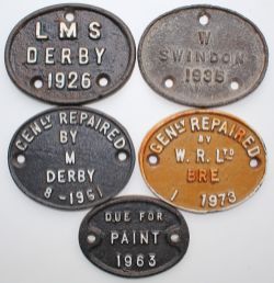 Wagon Plates, quantity 5 comprising: LMS DERBY 1926; W SWINDON 1935; Genly Repaired by M Derby 8-