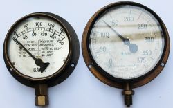A pair of Pressure Gauges comprising: GWR silvered dial indicsting the pressure required for a given