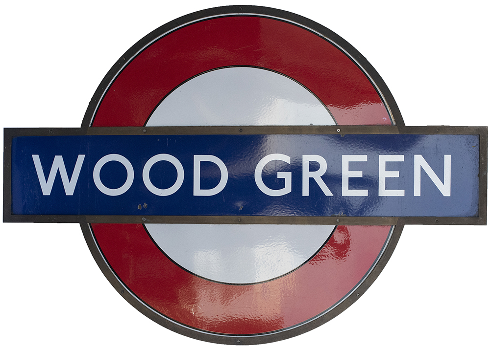 London Underground enamel target/bullseye sign WOOD GREEN measuring 59.5in x 42in. In very good