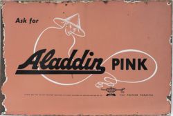 Advertising enamel sign ASK FOR ALADDIN PINK THE PREMIUM PARAFFIN. Double sided, both sides in