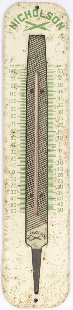 Advertising Thermometer NICHOLSON showing an image of a metal file. Screen printed metal in good