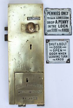 Brass toilet door Lock LOCKERBIE & WILKINSON LTD TIPTON. Together with two small enamel plates