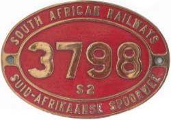 South African Railways brass cabside numberplate 3798 S2 ex 0-8-0 built by Fried Krupp as works