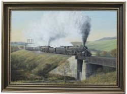 Original oil painting of a pair of American Norfolk & Western Railway 2-6-8-2 locomotives by