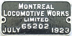 Worksplate MONTREAL LOCOMOTIVE WORKS LIMITED 65202 JULY 1923. Ex Semet Solvay Process 0-4-0T