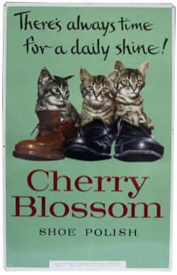 Advertising lithographed tinplate sign CHERRY BLOSSOM THERE'S ALWAYS TIME FOR A DAILY SHINE