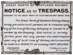 Great North Of Scotland Railway enamel Sign. GREAT NORTH OF SCOTLAND RAILWAY NOTICE AS TO TRESPASS