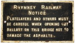 Rhymney Railway cast iron sign RHYMNEY RAILWAY NOTICE PLATELAYERS AND OTHERS MUST BE CAREFFUL WHEN