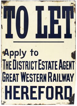 GWR enamel sign TO LET APPLY TO THE DISTRICT ESTATE AGENT GREAT WESTERN RAILWAY HEREFORD. In very